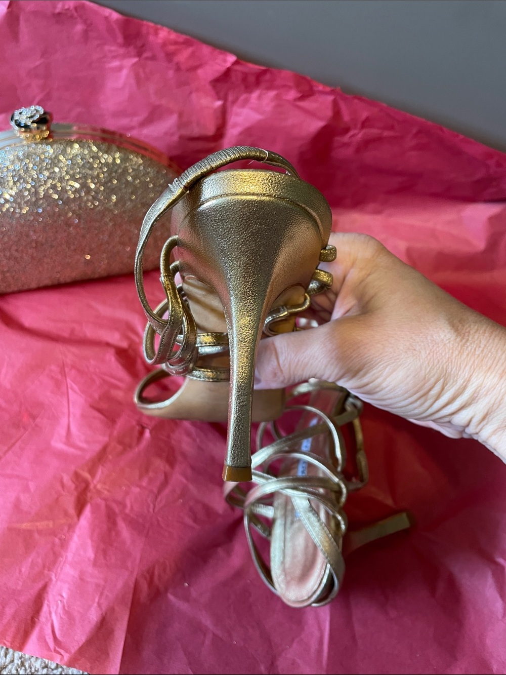 Manolo Blahnik Metallic Gold Multi-Strap Heeled Sandals - bonus cute gold clutch - Picture 4 of 14